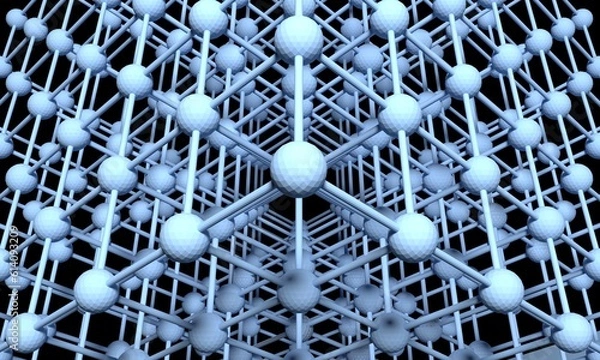 Obraz crystal lattice of conditional molecules and their bonds on a dark background. 3D image