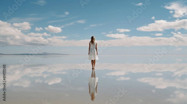 Fototapeta Young woman in white dress standing on the salt lake with reflection in water and looking at blue sky. Woman in white dress standing on the salt lake with smooth surface.   AI generated