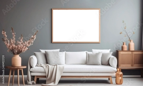 Fototapeta Empty picture wooden frame mockup hanging on the wall of a minimalist room interior, generated by AI
