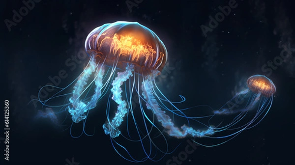 Fototapeta Glowing sea jellyfish isolated on dark background created with Generative AI technology