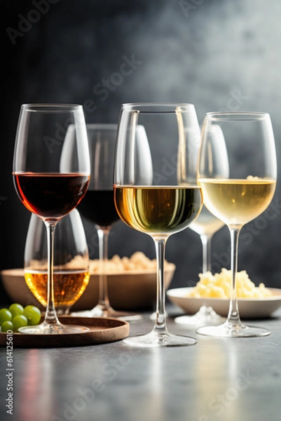 Fototapeta Variety of glasses with red, white and rose wine, generative AI