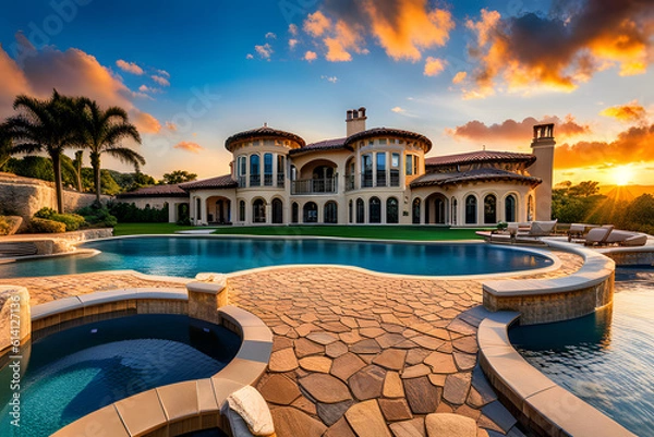 Obraz pool at sunset  created using AI Generative Technology	
