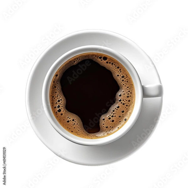 Fototapeta A full hot black coffee cup mug seen from above, top view isolated on a transparent background, Generative AI