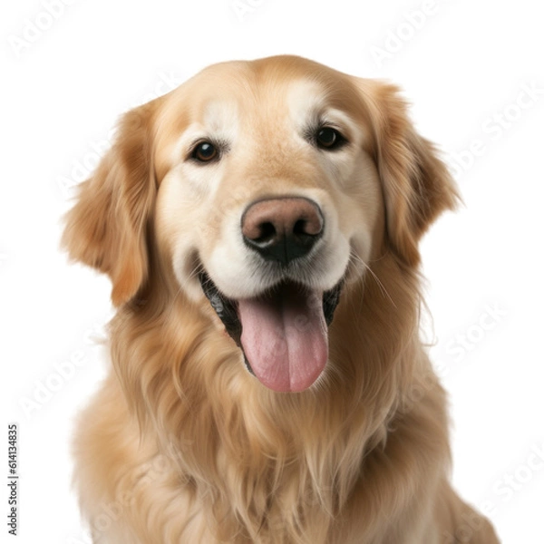 Fototapeta Cute happy smiling golden retriever with tongue out isolated on a transparent background, Generative AI