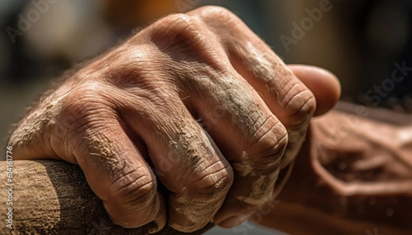 Fototapeta Close-up of a man's hand holding an old hammer, Labor day concept, labor day image, Generative Ai