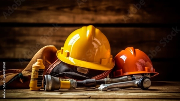 Fototapeta American flag with safety helmet and tools on wooden background. Labor day concept, Generative Ai