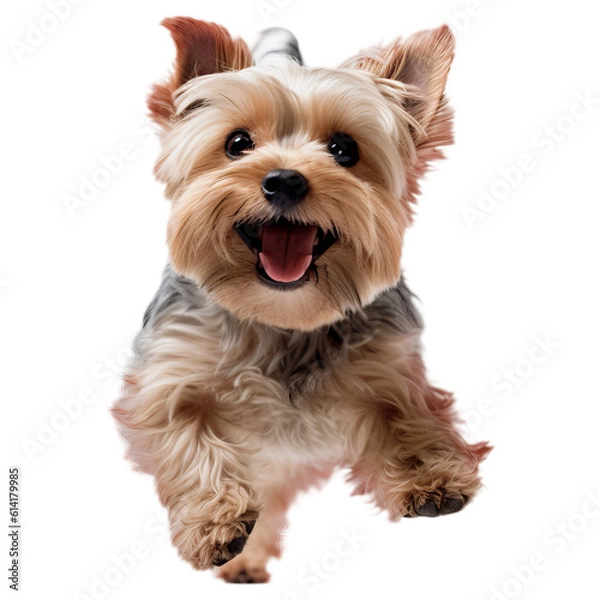 Fototapeta A happy and cute jumping yorkshire terrier dog in the air on a transparent background, Generative AI	
