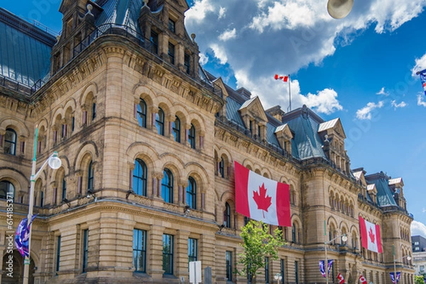 Fototapeta French Inspired Building with Flags
