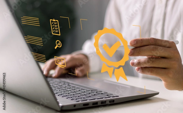 Fototapeta top-quality service guarantee and ISO certification and  Sign of the top service Quality assurance, certification and standardization concept, satisfaction, service experience..