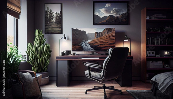 Obraz Sleek and minimalist home office setup Ai generated image