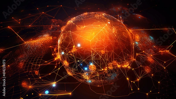 Fototapeta Global Data Web Communication Network in Cyberspace, Orange Tech Background. Generative Ai