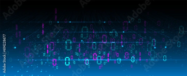 Obraz Futuristic perspective grid in digital cyberspace. Flow of binary code