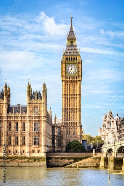 Obraz View across Thames river to Elizabeth tower, also known as Big Ben, at Westminster palace in London.