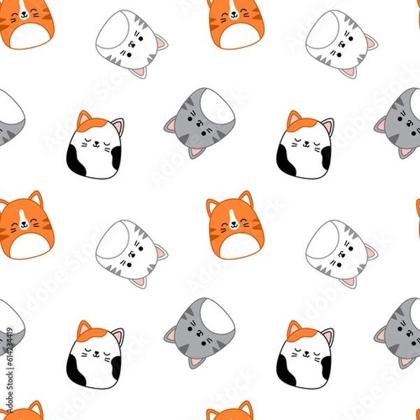 Fototapeta Cats seamless pattern. Squishmallow. Repeatable background with red, grey and white cats. Kawaii, Vector