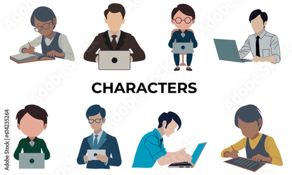 Fototapeta Character vector collection. Playing on a laptop, writing design. 