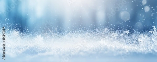 Fototapeta Beautiful banner winter snow background with snowdrifts, with beautiful light and snow flakes on the blue sky. Ai generative.