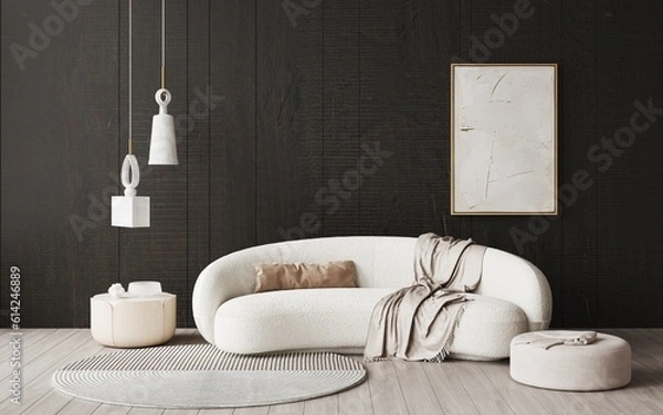 Fototapeta 3d rendering of modern living room with semi circule white sofa with a blanket. Dark wooden decorative panels on the wall.Decor plaster light, eco design.Beige abstract wave texture images art on wall