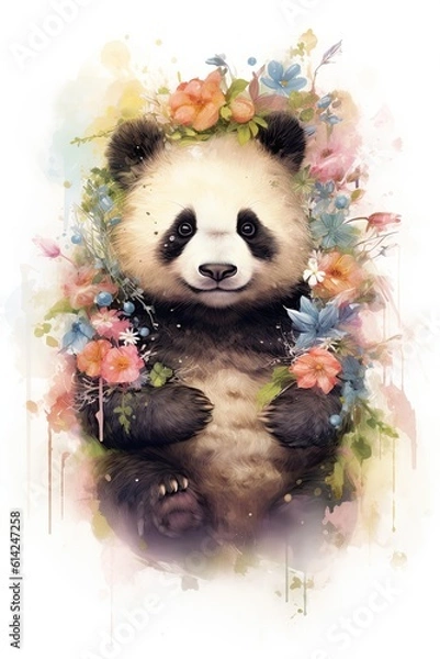 Fototapeta Beautiful japanese poster with colorful watercolor panda. Cartoon panda with flowers crown collection on colorful backdrop. Hand drawn style. Cute wildlife animal include "Generative AI"