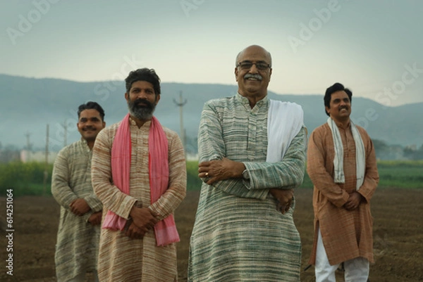 Obraz Happy rural Indian group of farmers dramatic silhouette shot standing aligned composition 
