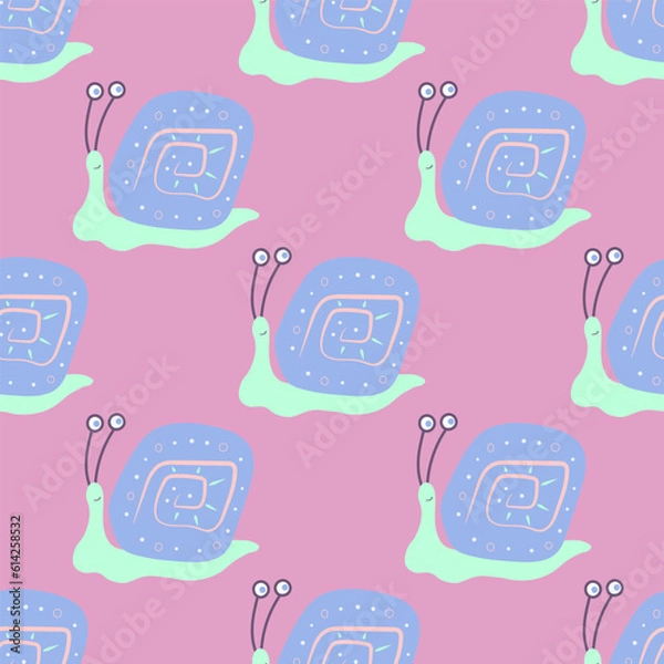 Fototapeta Seamless pattern with cute snails in cartoon style.