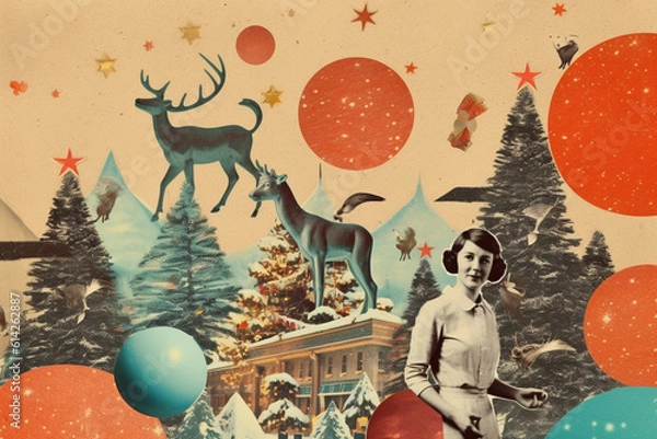 Fototapeta Generative ai. Christmas flat retro collage