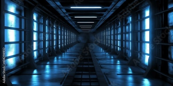 Fototapeta 3d render. wallpaper and Illustration background Geometric figure in neon light against a dark tunnel. Laser glow 