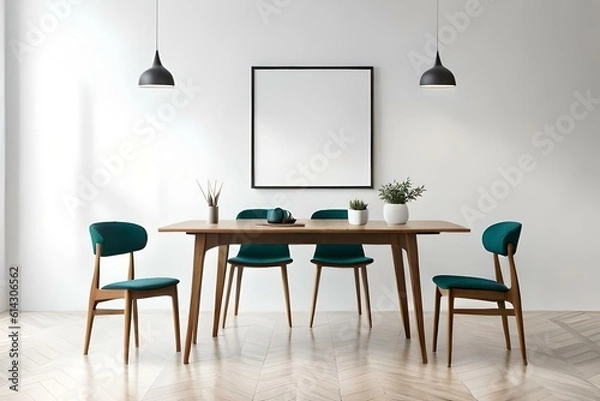 Fototapeta Black poster frame mockup in the wall isolated on modern dining room