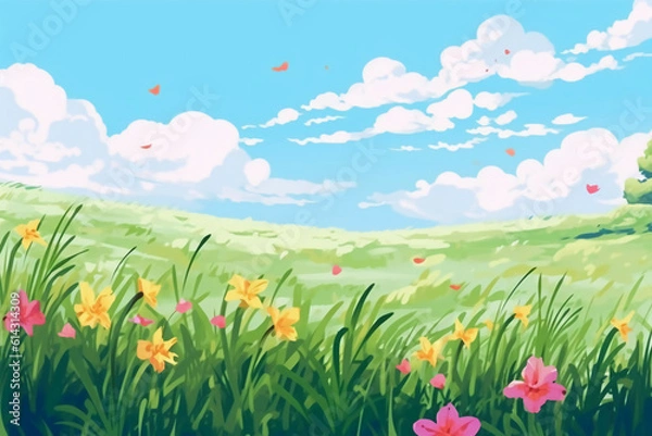 Obraz 봄의 들판, 초원 배경. 인공지능 생성
