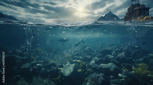 Fototapeta A split view of the sea in sci-fi style, showing the underwater and above water scenes. The image displays a striking contrast between the natural and serene underwater world AI Generative