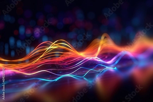 Fototapeta abstract futuristic background with pink blue glowing neon moving high speed wave lines and bokeh lights. Data transfer concept Fantastic wallpaper, Ai Generative