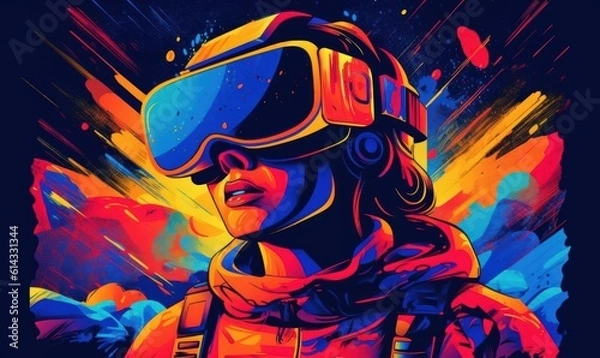 Fototapeta Woman with VR Headset Exploring the Metaverse, Virtual Reality Glasses of Modern Technology. Generative Ai