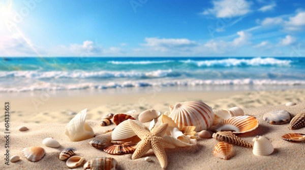 Fototapeta Starfish and shells on the beach, summer seaside vacation background