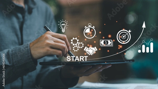 Fototapeta startup concept with icons business and network connection on modern virtual interface from digital tablet, holding pen touching tablet