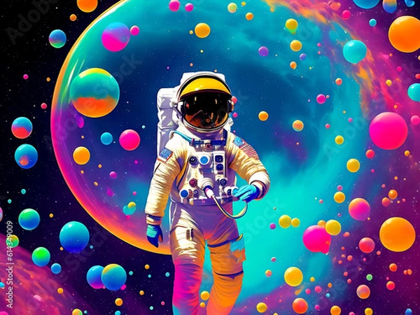 Fototapeta Beautiful painting of an astronaut in in a colorful bubbles galaxy on a different planet. Generative AI.