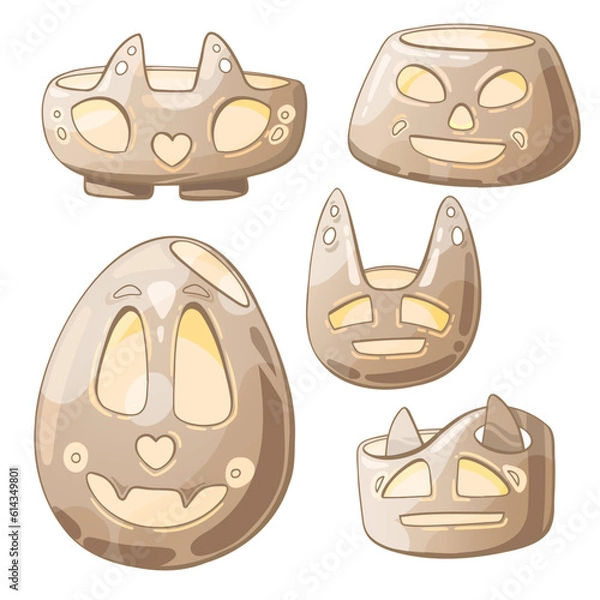 Fototapeta A set of vector illustrations of ceramic candlesticks. Candles in the form of skulls and heads