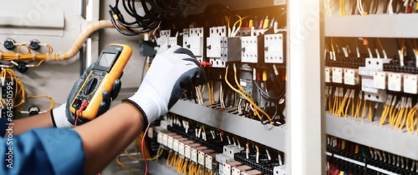 Fototapeta Electricity and electrical maintenance service, Engineer hand checking electric current voltage at circuit breaker terminal and cable wiring in main power distribution board.