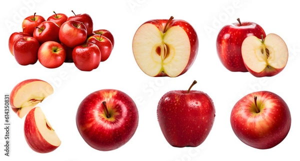 Fototapeta Red apple apples, many angles and view side top sliced halved cut isolated on transparent background cutout, PNG file