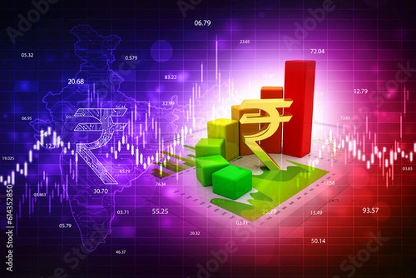 Fototapeta Growth of Indian stock market, Stock market graph. Abstract finance background, India Finance Background, Indian Rupee with graph on blue finance background. 3d render
