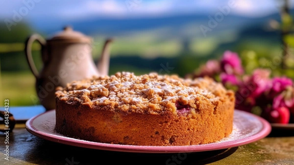Fototapeta Crumble pie on picturesque view background created with generative ai tools