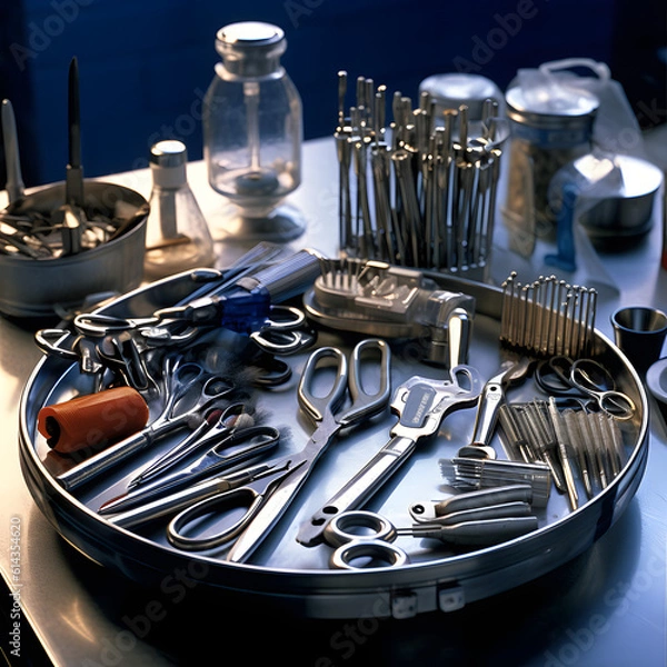 Fototapeta Surgical instruments organized on a tray for a medical procedure