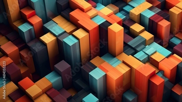 Fototapeta Abstract background with colorful wooden blocks geometric texture. Architectural wallpaper with composition of orange and blue rectangles. Horizontal illustration for banner design. Generative AI.