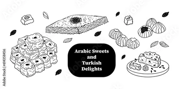 Obraz Set of hand drawn doodle traditional arabic and turkish desserts. Halva, Turkish delight, Maamoul, baklava. Isolated on white background.