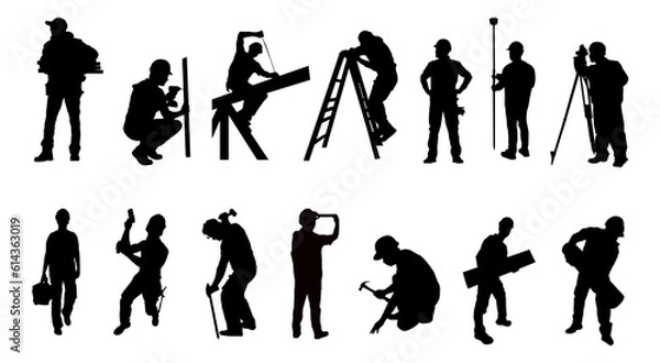Obraz Set of construction workers silhouettes isolated vector illustration.