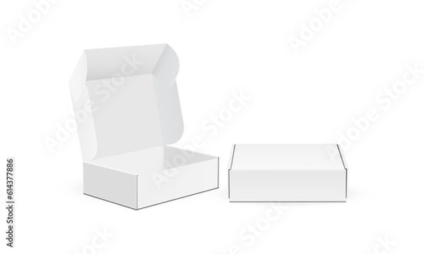 Obraz Cardboard Mailing Product Box, Shipping Mailer Packaging, Opened and Closed Mockup, Front, Side View. Vector Illustration