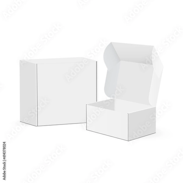 Obraz Small Cardboard Shipping Mailer or Gift Packaging Box, Opened and Closed Mockup. Vector Illustration