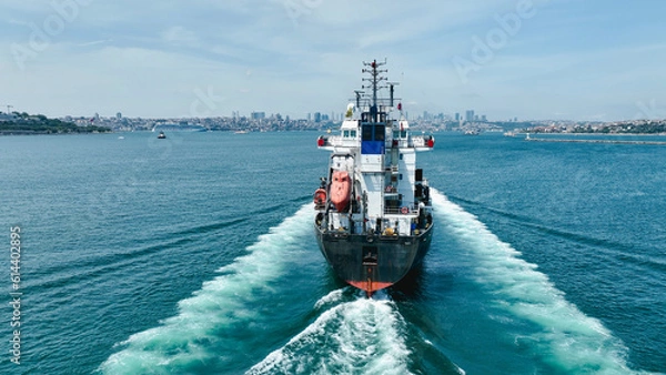 Fototapeta Aerial view of freight ship with cargo containers