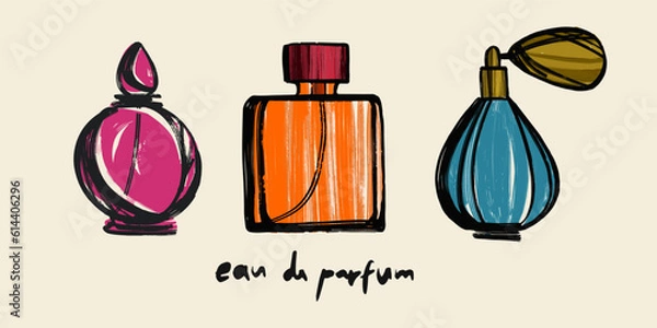 Fototapeta Set of Beautiful perfume bottles. Isolated vector design elements on a white background. Fashion sketch