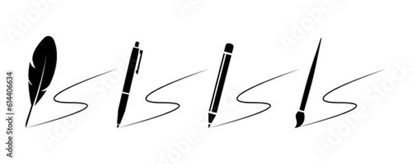 Fototapeta Feather pen, pencil, pen and paintbrush write vector icons set. Write letter. Vector 10 Eps.