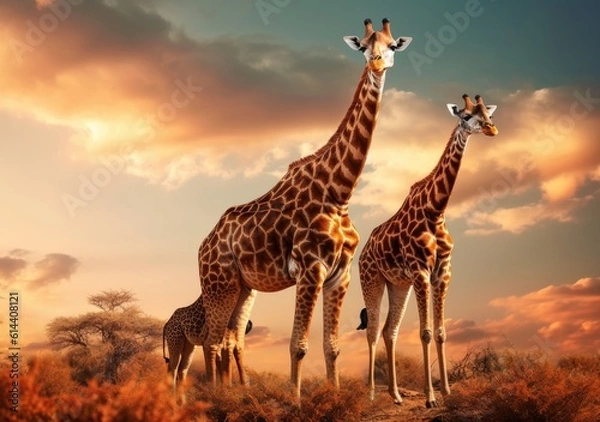 Fototapeta The gentle sway of a family of giraffes. Wallpaper, Background, digital Poster, Generative AI.
