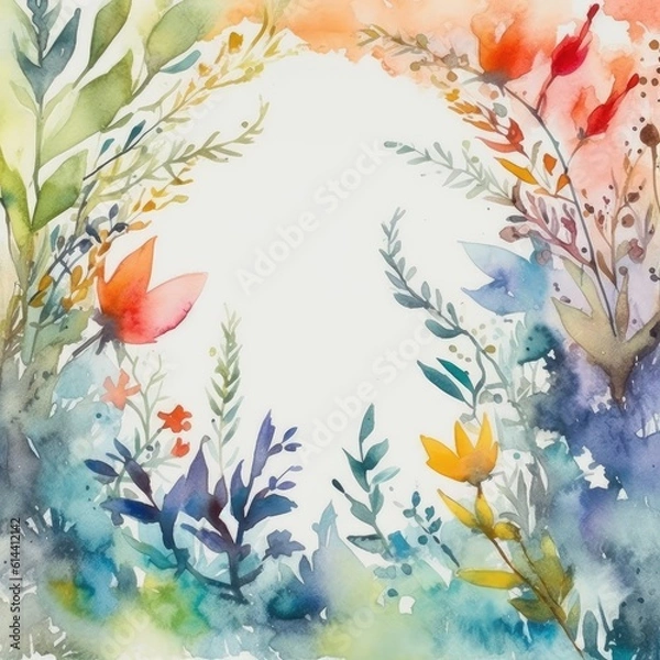 Fototapeta Greeting card with watercolor flowers handmade. Colorful background. generative ai